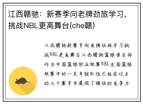 江西赣驰：新赛季向老牌劲旅学习，挑战NBL更高舞台(che赣)